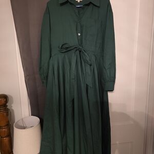 JODIFL Deep Green Long Sleeve Shirt Dress with Tie Waist